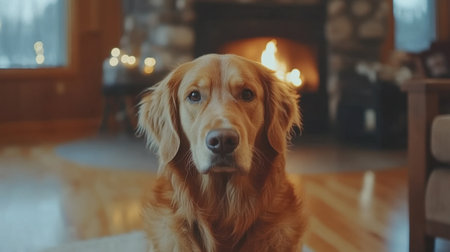 Calm and well-groomed golden retriever sitting patiently, perfect for pet care advertisements.の素材