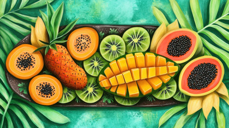 A charming drawing of a tropical fruit platter featuring mangoes, papayas, and pineapples, on a clean background.の素材