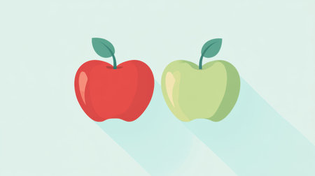 A minimalist flat design of apples, red and green, with subtle shadow effects on a clean background.の素材