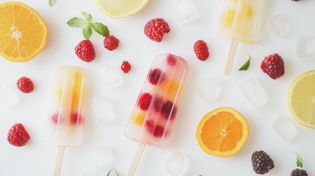 A cheerful composition of colorful fruit popsicles made from fresh berries and citrus, illustrated on white.の素材