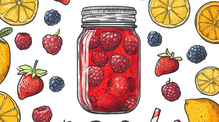 A creative depiction of a smoothie jar surrounded by mixed berries and citrus fruits, illustrated on white.の素材