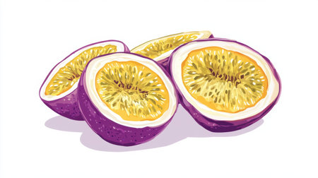 A minimalist vector design of a cut passionfruit with seeds, drawn with vibrant purple and yellow hues on white.の素材