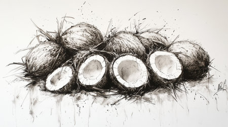 A tropical-inspired sketch of coconuts, including cracked open halves, drawn on a clean white surface.の素材