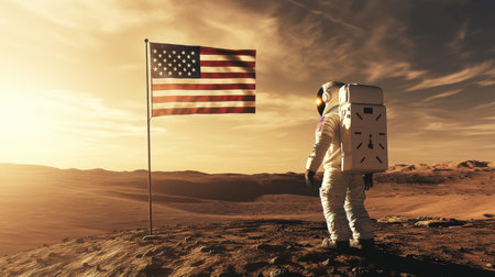 The American flag planted on Mars as an astronaut stands proudly beside it, overlooking the barren landscape.の素材