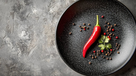 Stylish plate with a bold red chili pepper and scattered peppercorns, set on a textured grey surface for food and menu photography.の素材