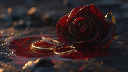 Golden rings on a deep red rose with thorns, set on the ground as red water flows like blood, creating a striking image of love and heartbreak.の素材