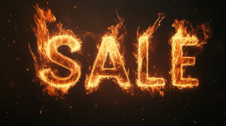 Radiant 'SALE' lettering surrounded by intense flames, capturing promotional energy and urgency on a sleek black canvas for marketing campaigns.の素材
