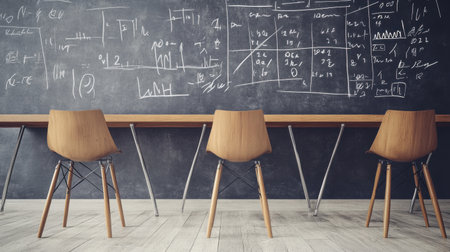 Math classroom with graphs and formulas on the board, a clean geometric layout of desks and chairs.の素材