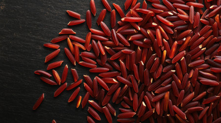 Close-up of vibrant red rice grains scattered on a deep rustic background, showcasing their natural beauty.の素材