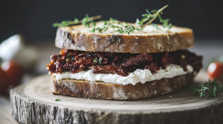 Close-up of a gourmet goat cheese and sun-dried tomato sandwich, garnished with thyme, served on a wooden board.の素材