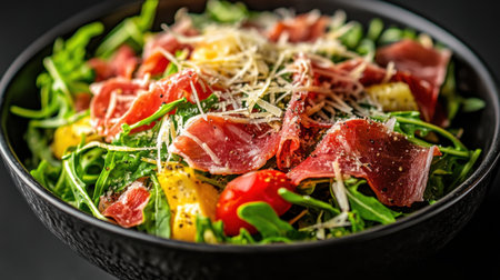 Close-up of arugula salad featuring thinly sliced prosciutto and Parmesan shavings, placed on a black background.の素材