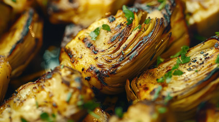 Close-up of grilled artichokes, golden and crisp, presented with fresh greens and olive oil drizzle.の素材