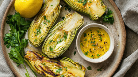 Top-down view of a deliciously grilled artichoke dish, served with dipping sauce on a rustic plate.の素材