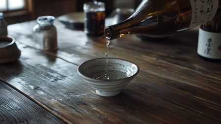 Traditional sake pour with a ceramic cup on a wooden table, evoking the charm of authentic Japanese dining.の素材