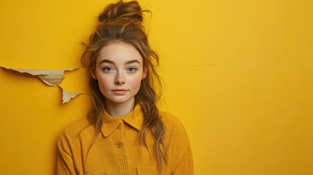 Confident woman with a yellow backdrop, highlighted by artistic torn sections for a contemporary visual effectの素材