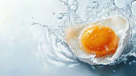 A single cracked egg revealing a vibrant yolk and clear egg white on a pristine white background, ideal for culinary ads.の素材