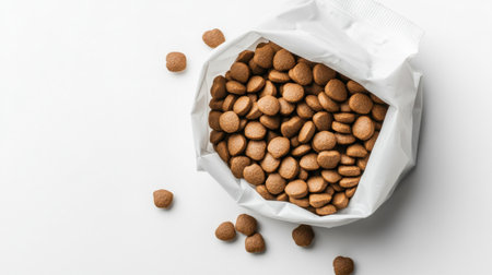 A white pouch of pet food, elegantly displayed on a bright white background to emphasize simplicity and designの素材