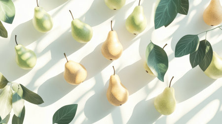 A stylized arrangement of pears in various shades of green and yellow, illustrated on a white surface.の素材