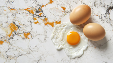 A raw chicken egg with the shell broken open, yolk and egg white spread gently on a white background, perfect for recipes.の素材