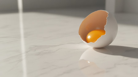 Close-up of a fresh egg split open with the yolk perfectly intact on a white surface, great for food industry visuals.の素材