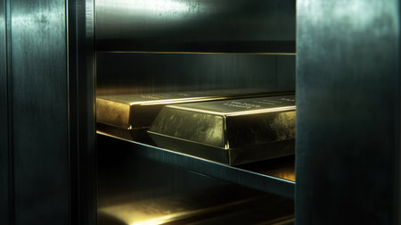 A close-up of a vault interior featuring gold bars, glowing under soft light in a secure, modern storage facility.の素材