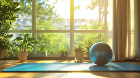 A bright, airy room featuring a yoga mat and an exercise ball, surrounded by natural light and hints of greenery.の素材