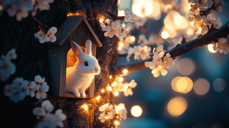 A cute bunny emerging from a tiny wooden door in a tree, decorated with glowing lights and colorful flowersの素材