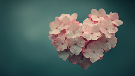A delicate heart-shaped arrangement of pink flowers, softly lit on a subtle gradient background, radiating elegance and love.の素材