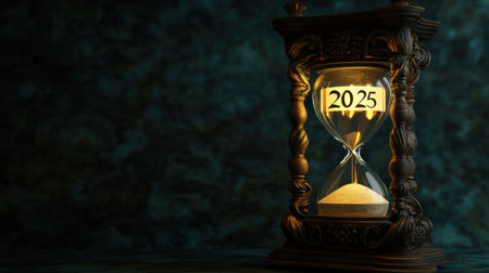 A glowing hourglass with "2025" carved into its frame, set against a dark background, representing the year's end.の素材