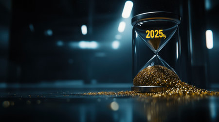 An hourglass labeled "2025," captured as the last grains of sand fall, against a dramatic, shadowy backdrop.の素材
