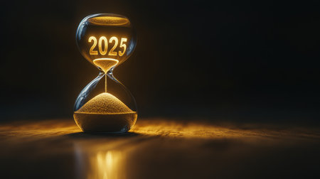 Close-up of an hourglass with "2025" engraved, sand almost gone, dramatically lit to create tension on a moody dark background.の素材