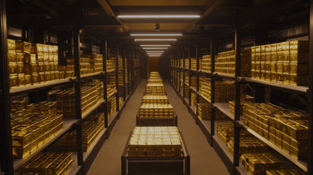 Rows of shiny gold bars neatly stacked inside a high-tech vault, emphasizing wealth, safety, and financial power.の素材
