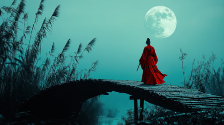 A graceful anime swordsman in traditional Hanfu, standing on a bamboo bridge under a full moon.の素材