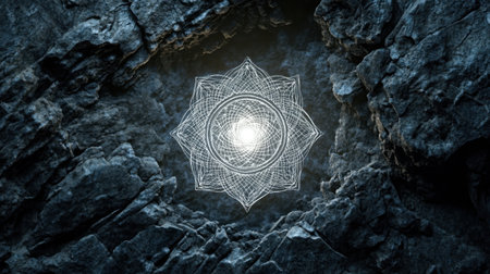 A luminous silver mandala glowing subtly on a textured dark surface, creating an ethereal abstract design.の素材