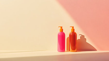 Minimalist haircare packaging featuring vibrant pink and orange shampoo bottles on a soft pastel background.の素材