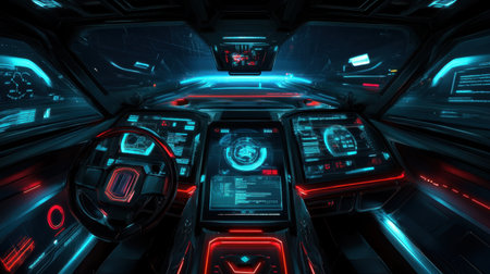 High-tech digital dashboard displaying cloud-based analytics and internet technology trends in a futuristic setting.の素材