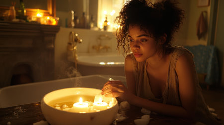 A young lady in a bathroom, using coconut oil as part of her skincare routine, with soft lighting and a relaxed ambianceの素材
