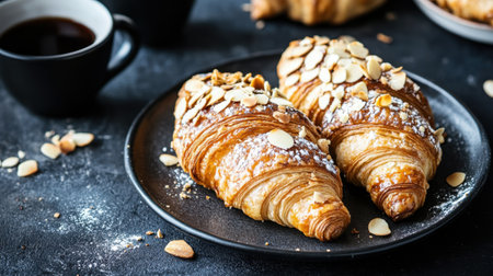 Freshly baked croissant with soft shadows, ideal for bakery promotions and food photography.の素材