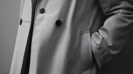 A classic trench coat with sleek detailing, isolated on white for outerwear branding.の素材