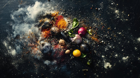 A culinary spread of vibrant spices on a dark slate board, blending bold colors and rich textures.の素材