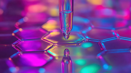 A glowing pipette releasing liquid onto a futuristic hexagonal surface, illuminated by vibrant, colorful lighting in a modern lab setting.の素材