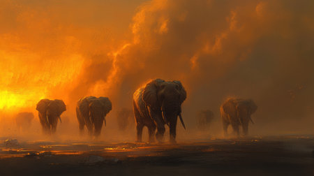 A herd of majestic elephants walking through dusty terrain under a golden, dramatic sky.の素材