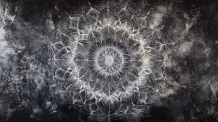 A luminous silver mandala glowing subtly on a textured dark surface, creating an ethereal abstract design.の素材
