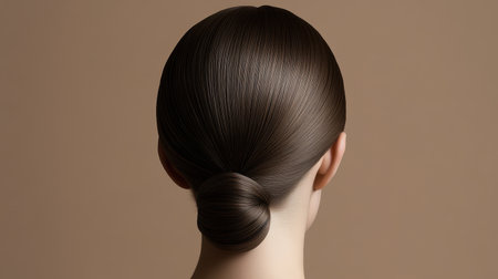 A smooth, elegant bun hairstyle showcased from the back, highlighting its simplicity and sophistication against a soft, neutral background.の素材