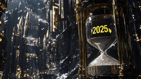 An hourglass marked "2025," with sand running low, illuminated against a dark, dramatic backdrop, symbolizing fleeting time.の素材