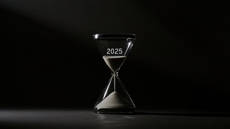 Hourglass engraved with "2025" showing nearly finished sand, surrounded by shadows and dramatic lighting in a dark setting.の素材