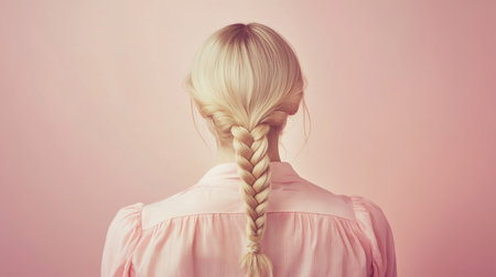 Glossy, symmetrical braided pigtails styled perfectly, captured from the back with a soft background for a polished aesthetic.の素材