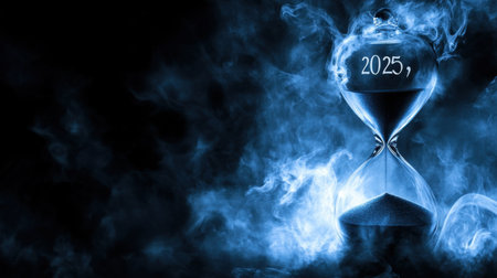 An hourglass labeled "2025," captured as the last grains of sand fall, against a dramatic, shadowy backdrop.の素材