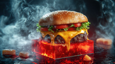 A mouthwatering cheeseburger with melted cheese and fresh toppings, dramatically placed on a red cube with moody lighting.の素材