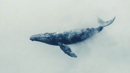 A beautifully detailed blue whale in motion, its fins and tail elegantly positioned as it swims through an endless white void.の素材
